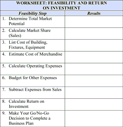 Business Plan Step 30: Worksheet: Feasibility and Return on Investment